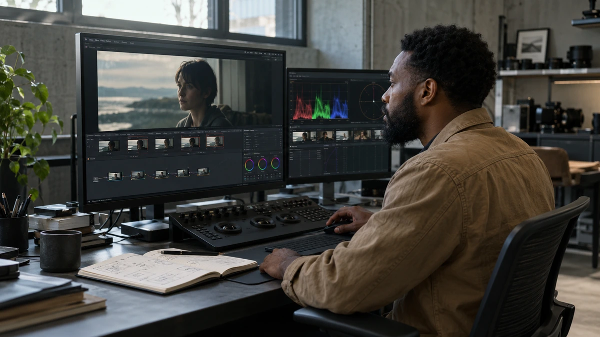 Un étalonneur examine une image et un graphe de corrections sur deux écrans.