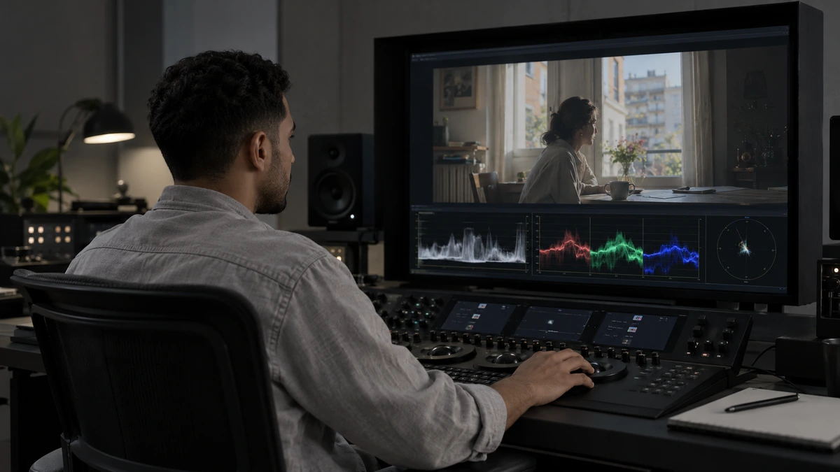 Un étalonneur observe une image et plusieurs scopes sur son écran.
