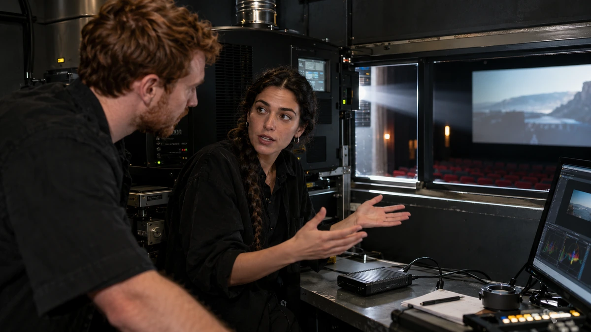 Deux professionnels examinent une image et les documents de projection.
