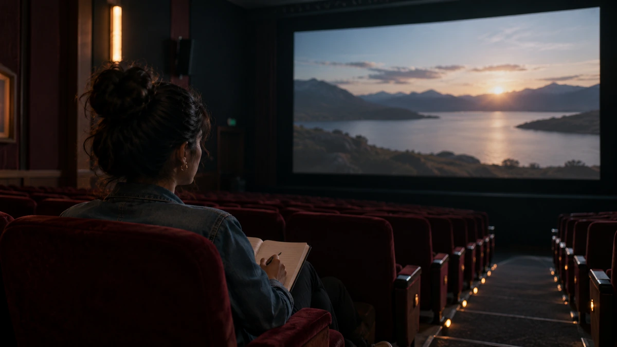 Une personne contrôle son film projeté dans une salle de cinéma.