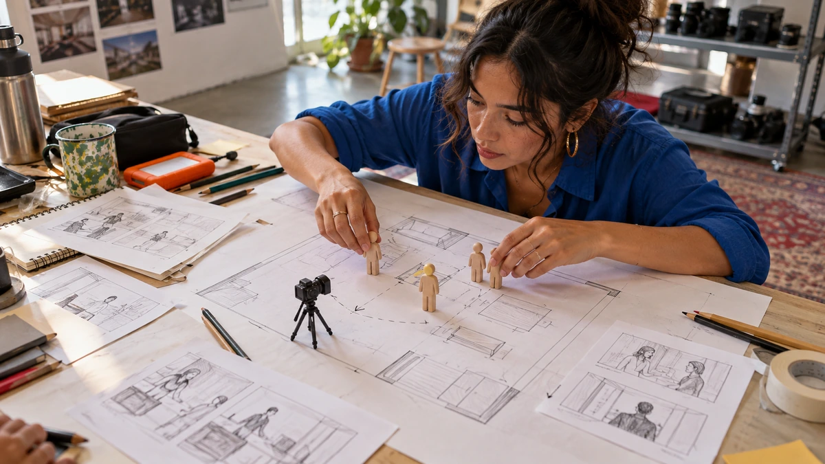 Une réalisatrice prépare sur papier les positions d’une caméra dans une maquette.