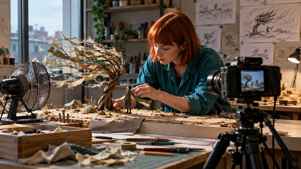 Une animatrice ajuste les éléments d’un décor miniature devant sa caméra.