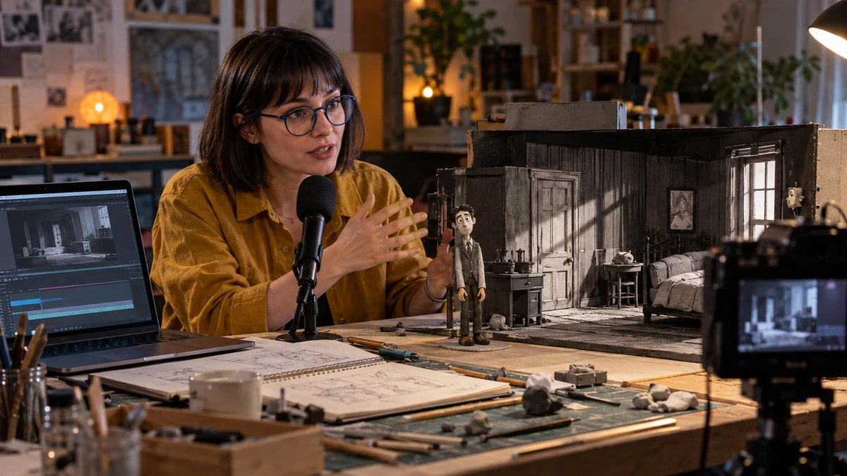 Une animatrice enregistre une voix pour son décor miniature