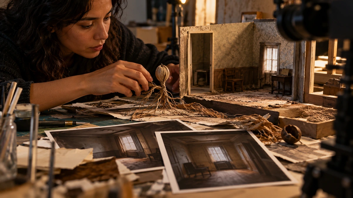 Une créatrice prépare une petite maquette de décor à côté de photographies de référence.