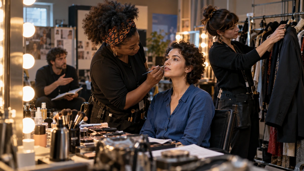 Une comédienne est préparée par les équipes costume et maquillage.