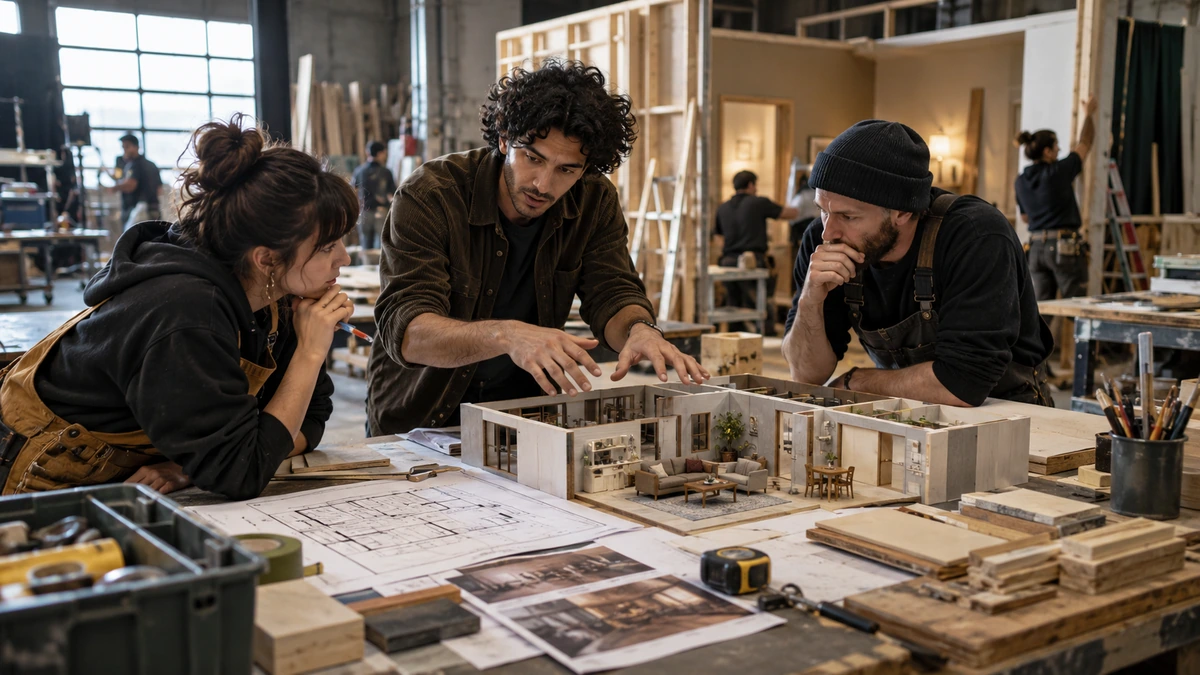 Trois personnes discutent d’une maquette et des moyens du film.