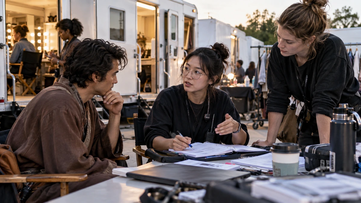 Trois personnes préparent un document de travail autour d’une table de tournage.