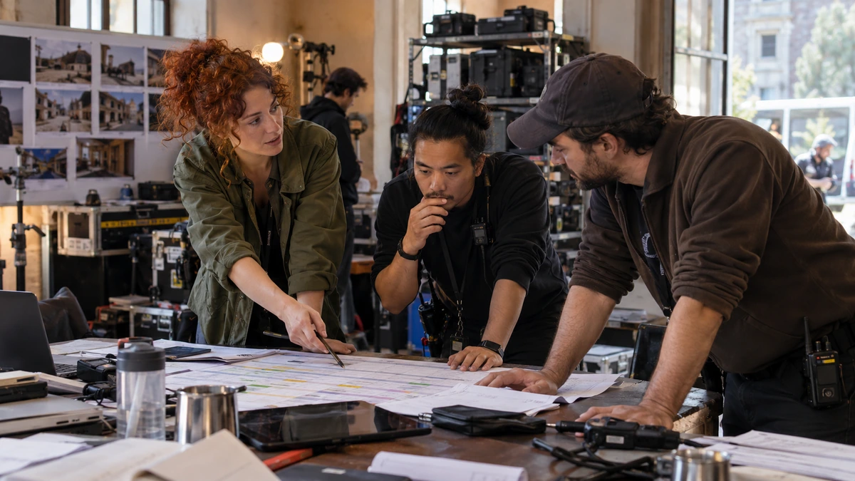 Trois personnes comparent les documents et besoins d’une production sur une table.