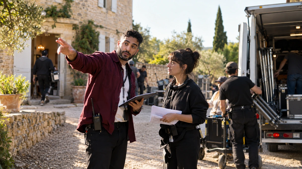 Deux personnes préparent les accès et les déplacements près d’un véhicule de tournage.