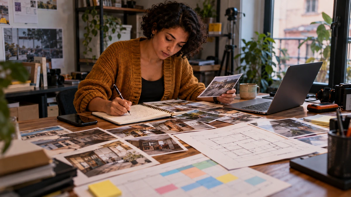 Une cinéaste prépare un dossier de décor repéré.