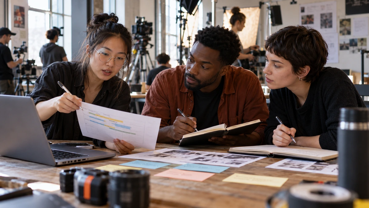 Trois personnes comparent des documents et des plans de travail.