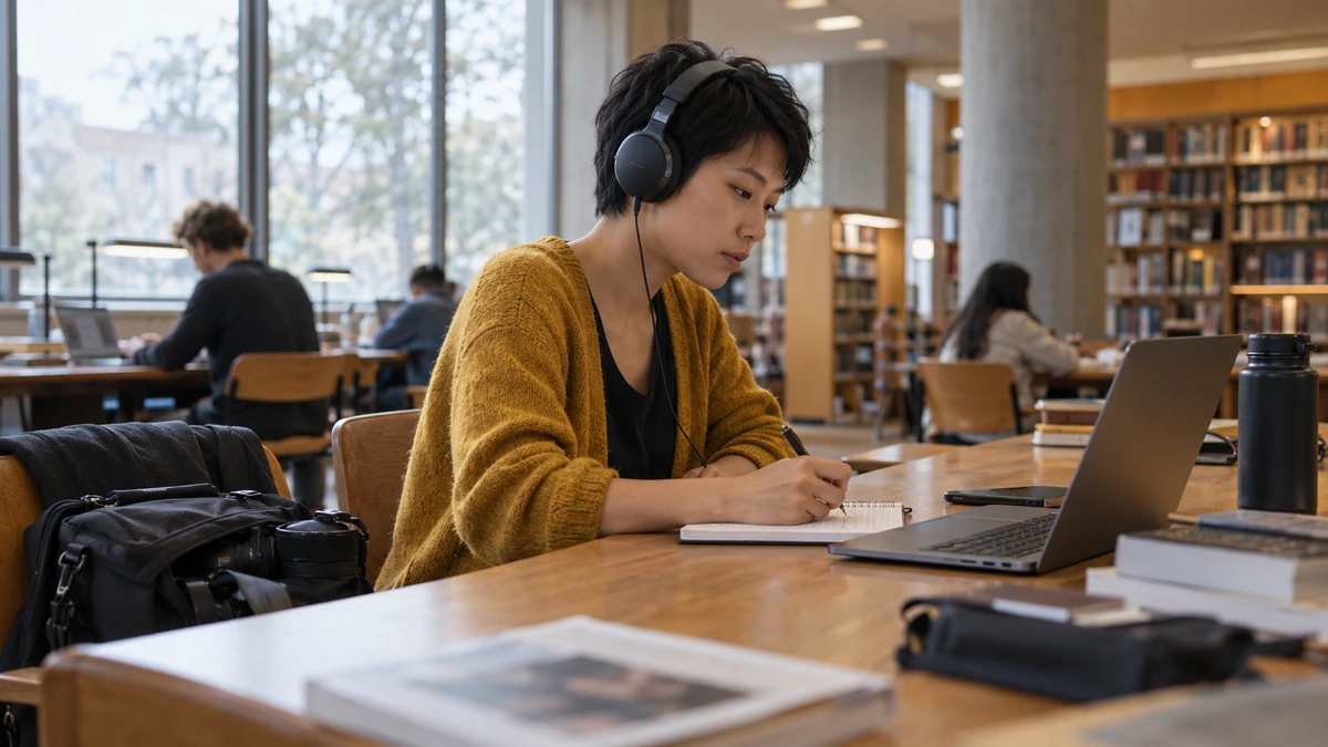Une jeune cinéaste étudie un cours et prend des notes au casque.