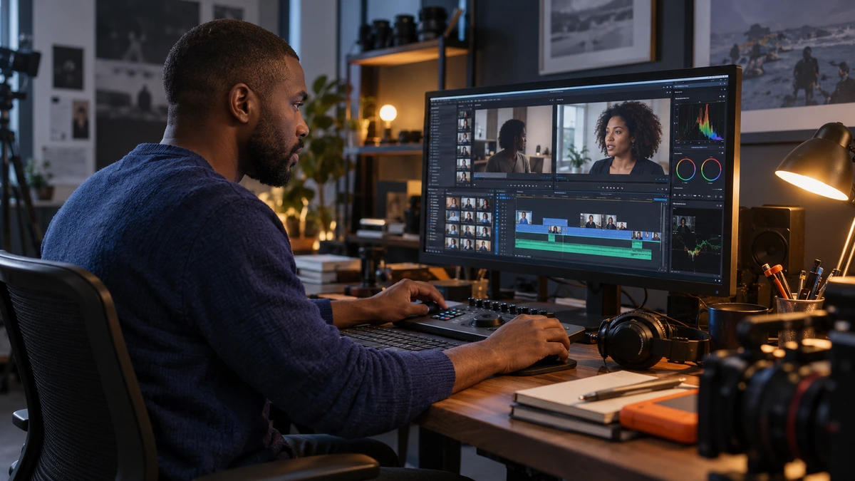 Une personne monte un échantillon de travail audiovisuel sur un écran.