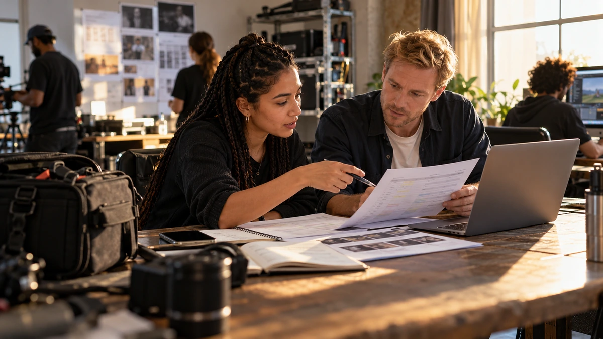 Deux professionnels préparent leurs questions à partir de documents de travail.