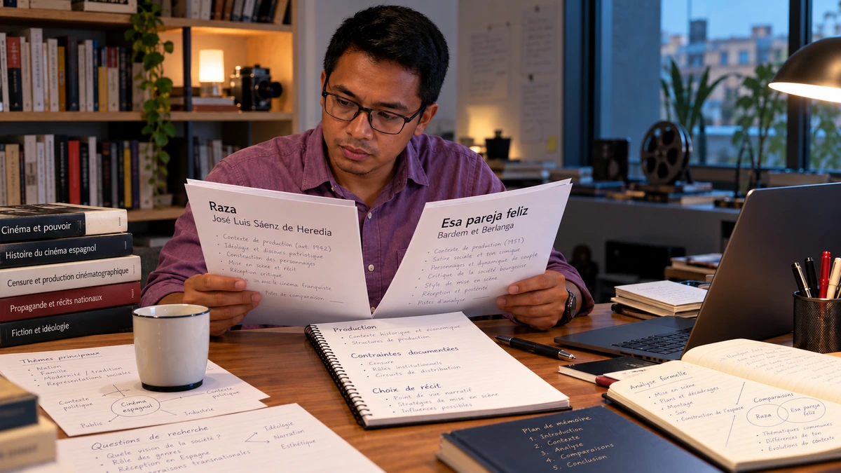 Un cinéaste compare des documents et des informations sur plusieurs films.
