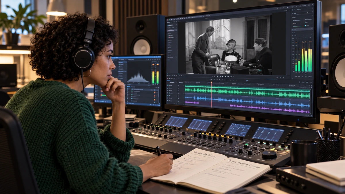 Une monteuse au casque examine la relation entre la voix et une scène du film.