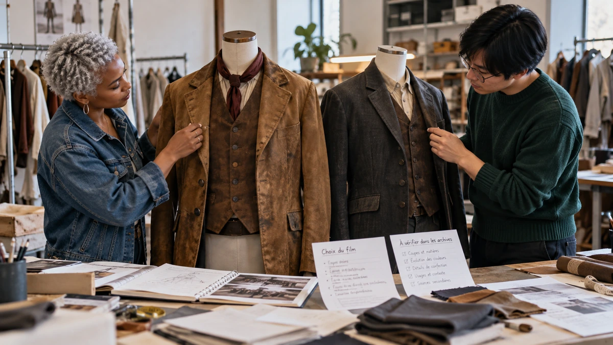 Deux cinéastes examinent des costumes et leurs références historiques.