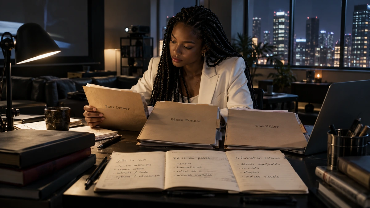 Une créatrice consulte des documents dans un espace de lecture.