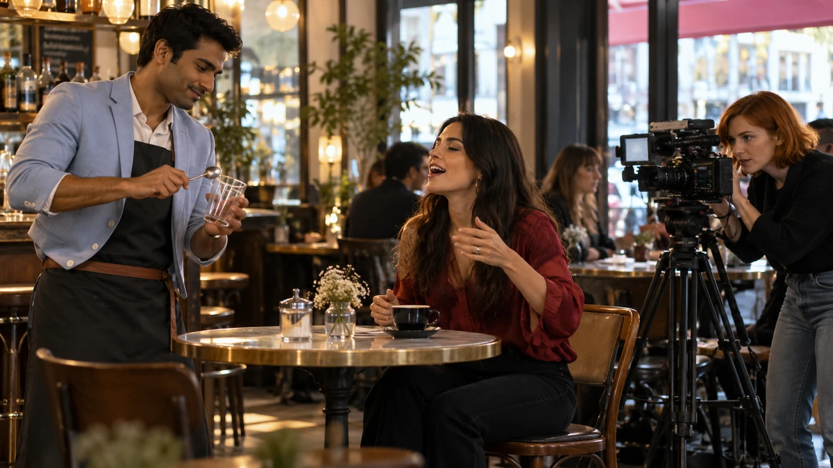 Une équipe prépare une scène chantée dans un café.
