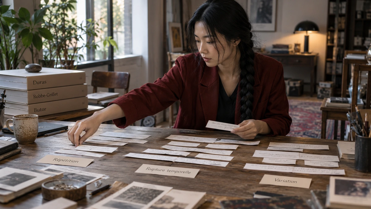 Une autrice organise des scènes et leurs repères temporels sur une table.