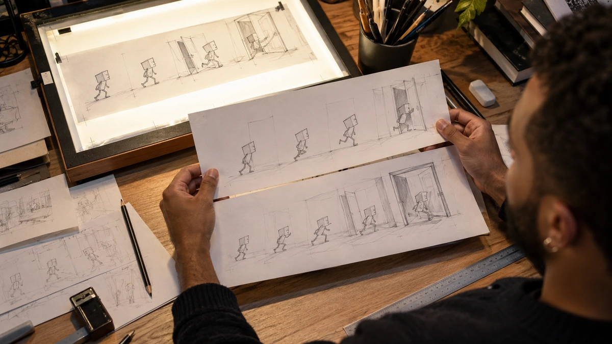 Des mains rapprochent plusieurs scènes dessinées et leur ordre de lecture.