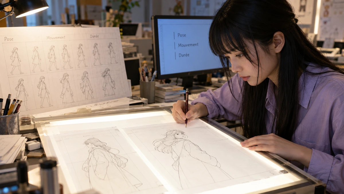 Une animatrice prépare sur papier les positions successives d’un personnage.