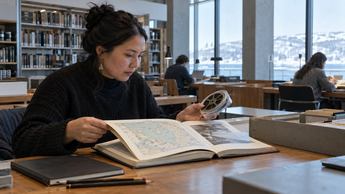 Une cinéaste consulte un livre et des documents dans une bibliothèque.