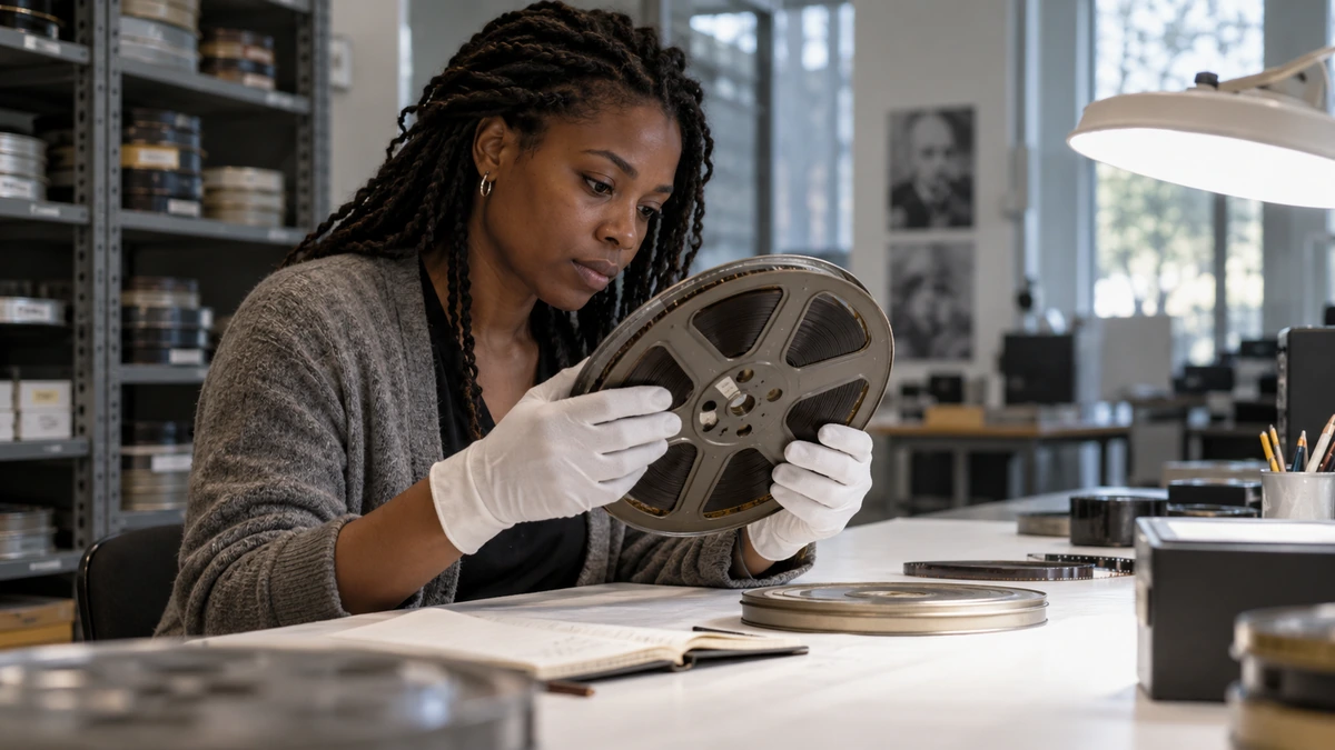 Une personne examine une bobine de film au-dessus de documents d’archives.