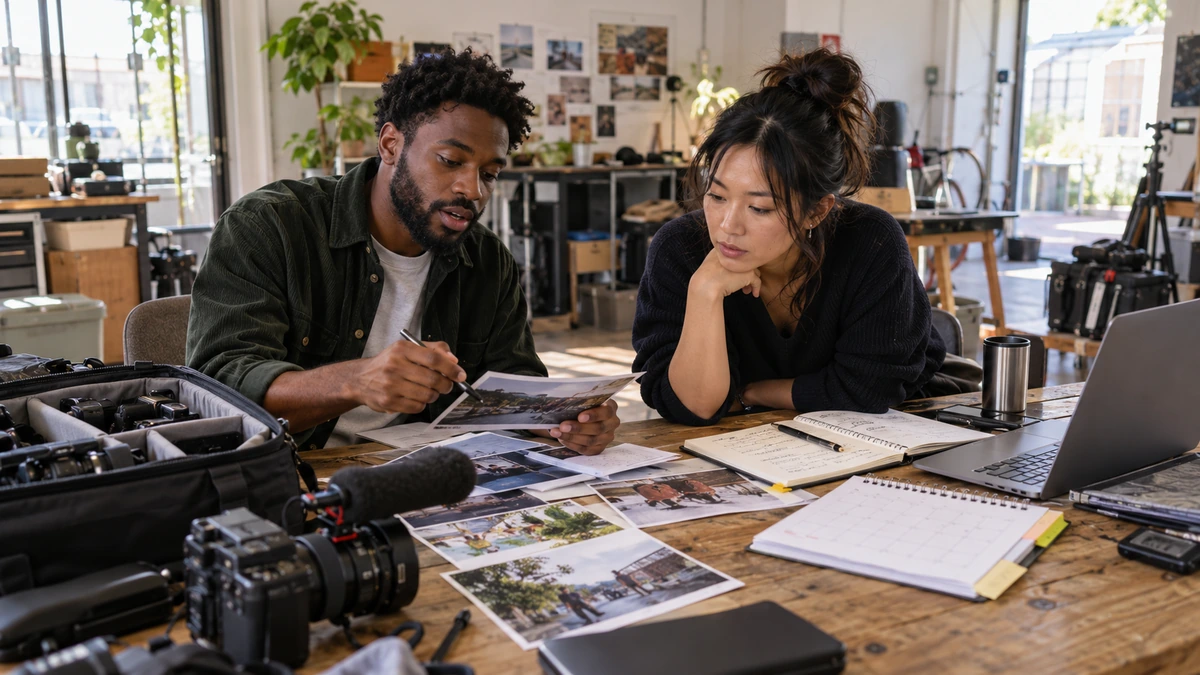 Deux membres d’une équipe examinent des photographies, des notes et du matériel documentaire.