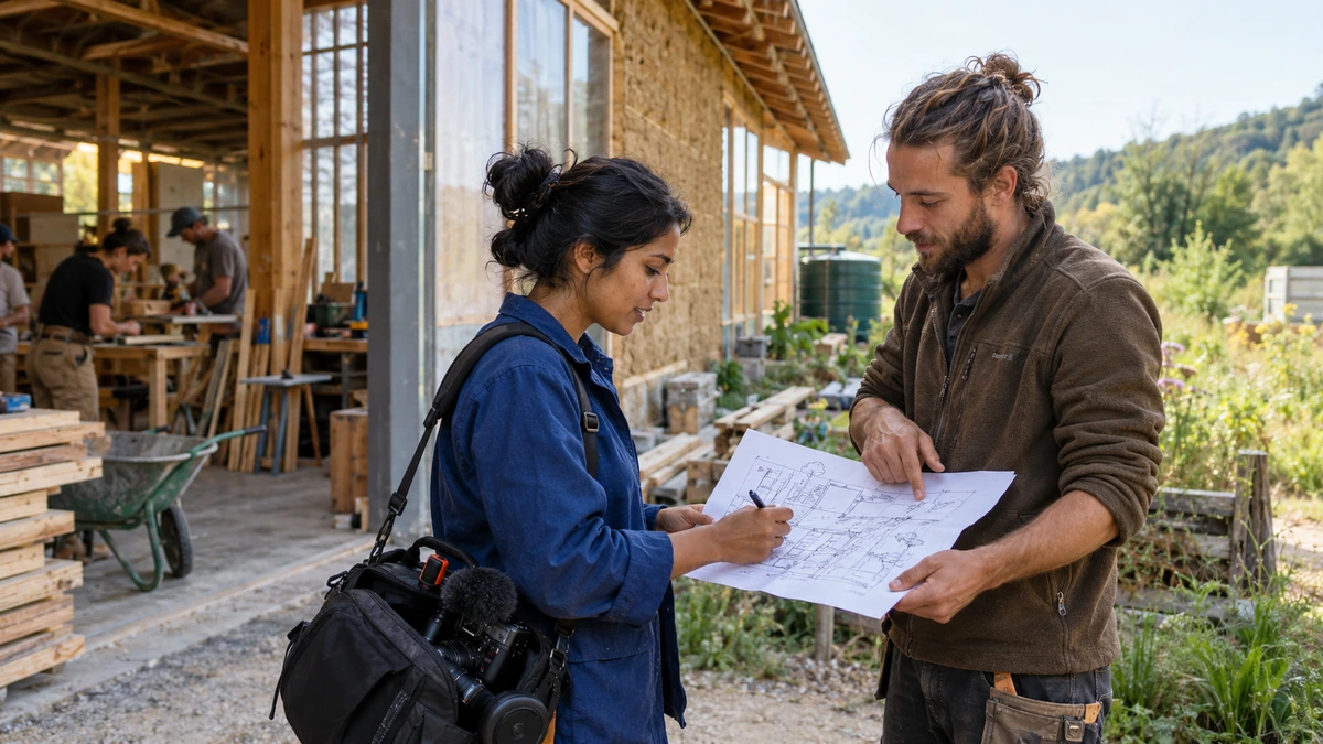 Une cinéaste et un interlocuteur discutent de documents devant un atelier.