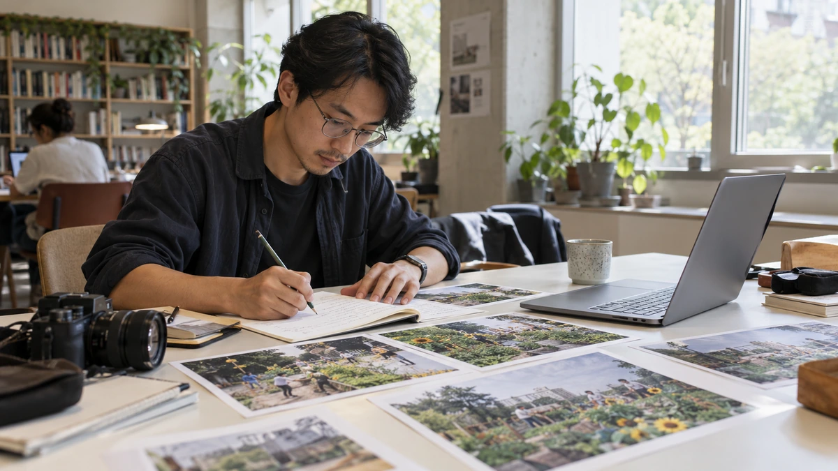 Une autrice travaille sur son ordinateur avec des photographies de repérage.