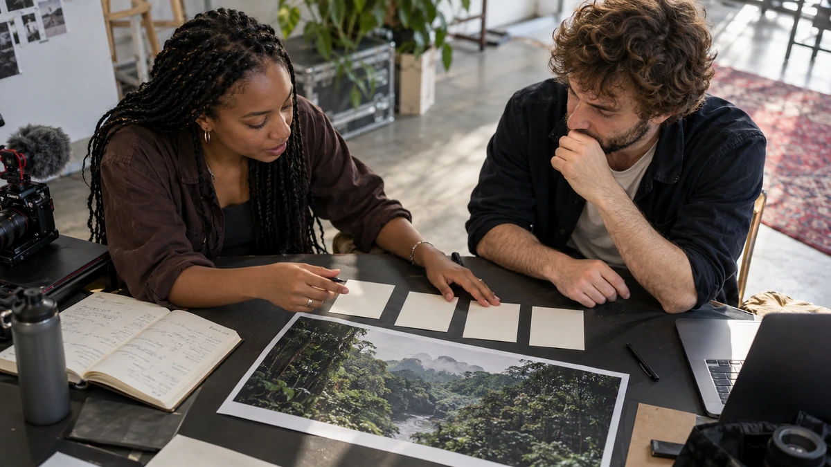Deux personnes organisent des fiches et une photographie pendant une préparation documentaire.