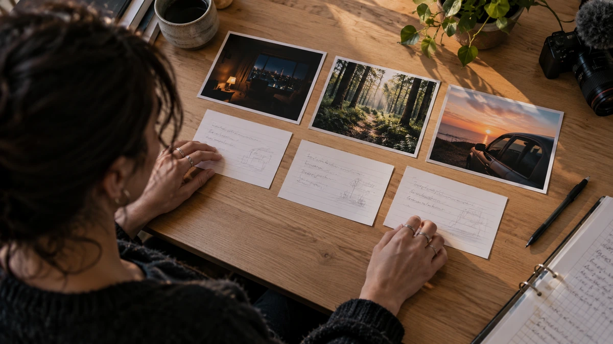 Une personne rédige un document à partir de photographies de lieux.