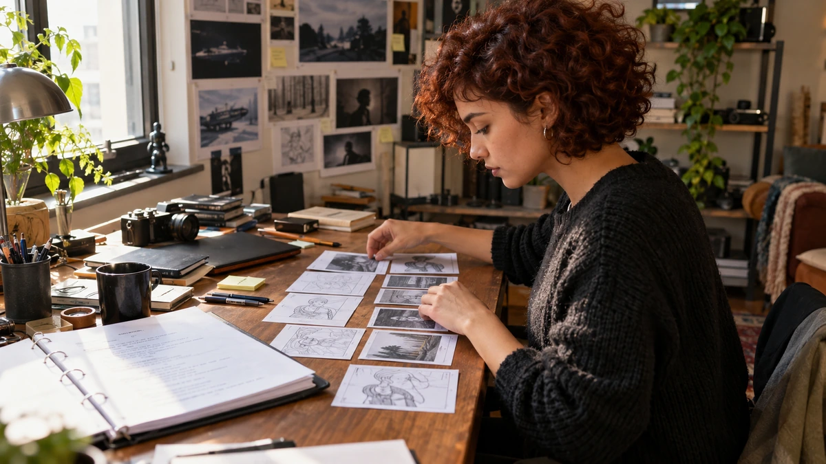 Une autrice compare son texte et des fiches de séquence.