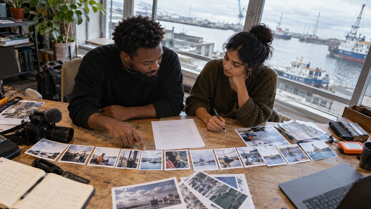 Deux membres d’une équipe comparent des fiches et des photographies.