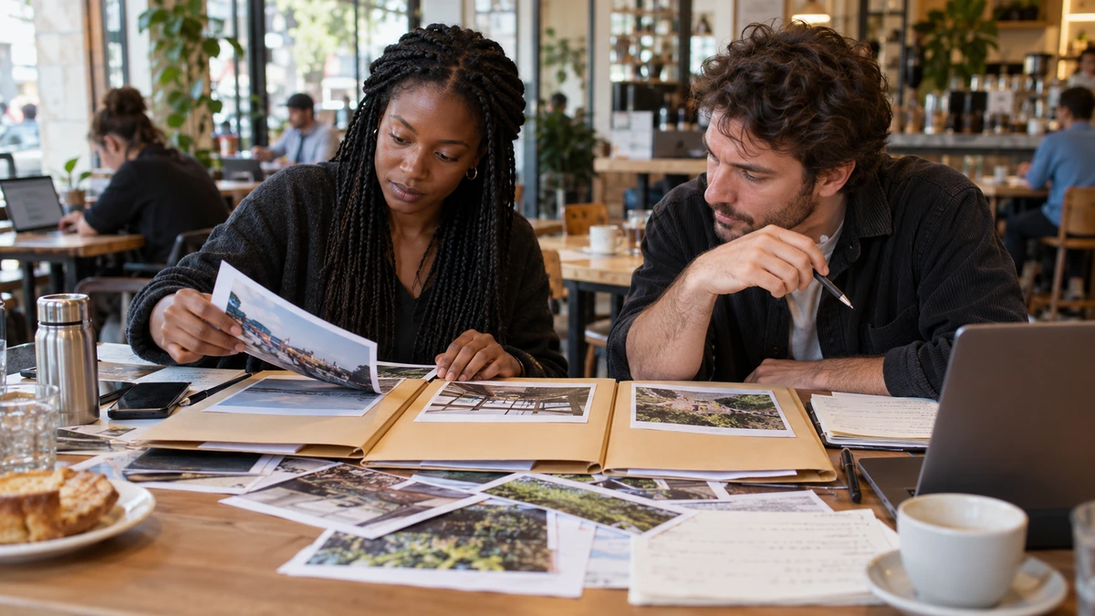 Deux personnes comparent des photographies et des notes sur des protagonistes possibles.
