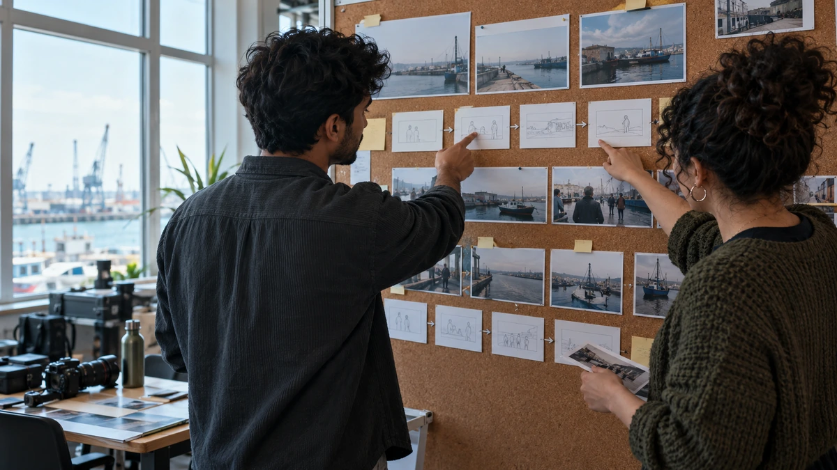 Deux personnes organisent une suite d’images sur un panneau mural.