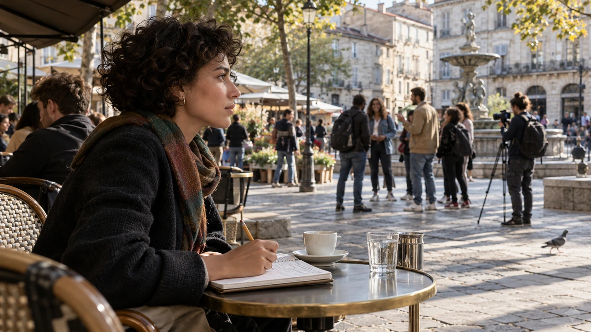 Une autrice observe une place publique en prenant des notes à une table.