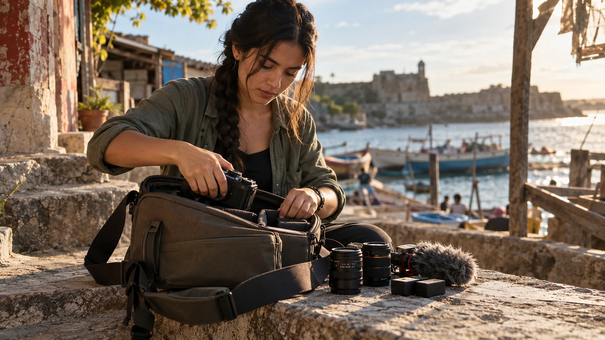 Une femme range un sac de caméra, d’objectifs et de batteries près de la mer.