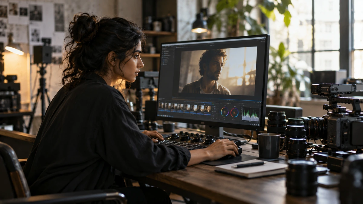 Une femme travaille sur des images à l’écran, avec des objectifs et une caméra sur son bureau.