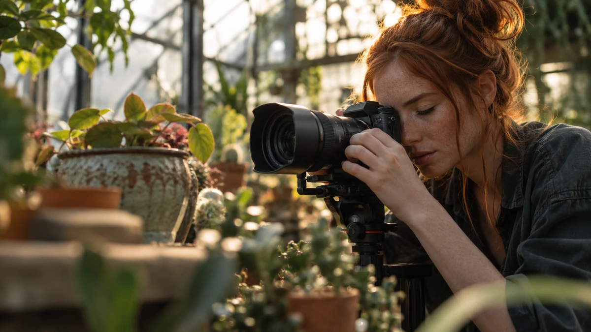 Une photographe prépare un appareil et un téléobjectif dans un environnement végétal.