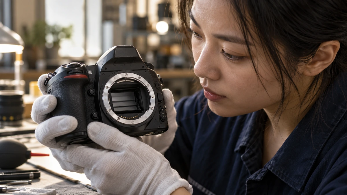 Une technicienne examine l’obturateur d’un appareil reflex.