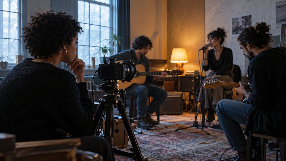 Une opératrice filme un groupe de musiciens dans une pièce éclairée par une fenêtre et une lampe chaude.