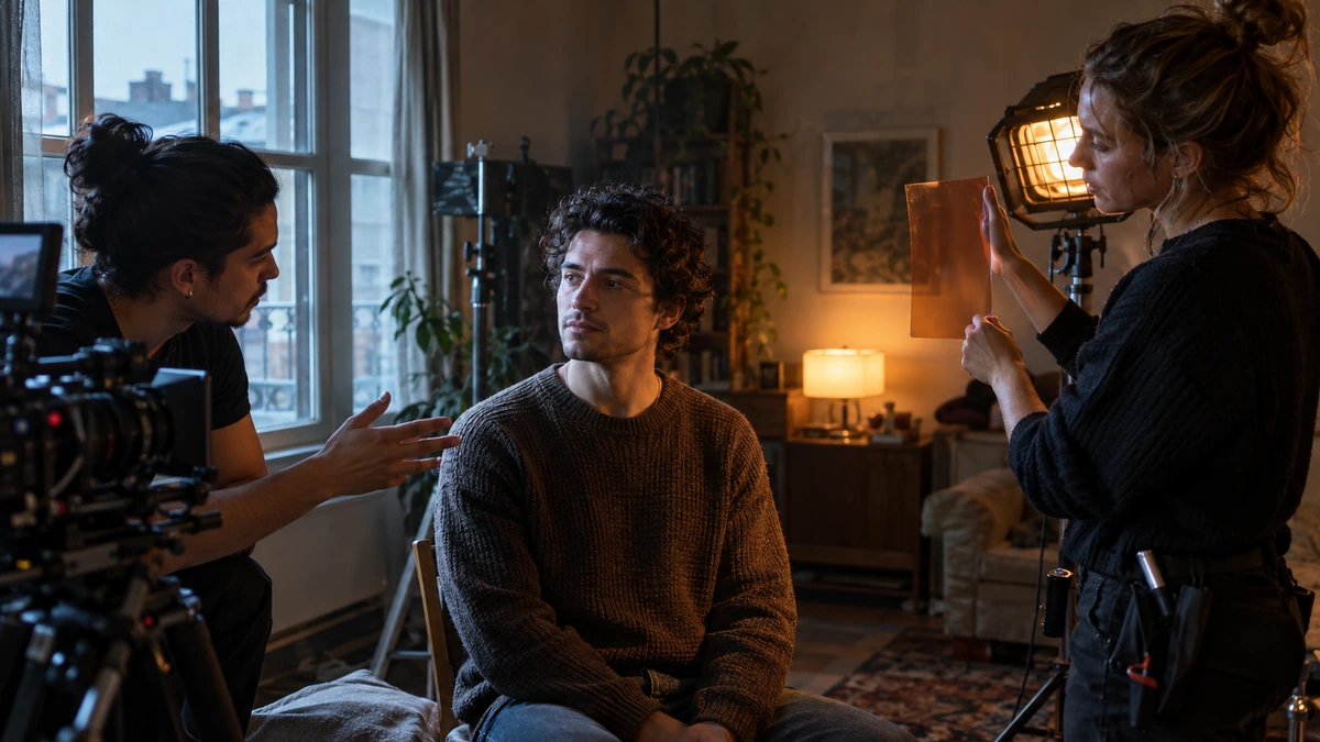 Une opératrice tient une feuille de correction colorée devant une lampe près d’un comédien éclairé aussi par la fenêtre.