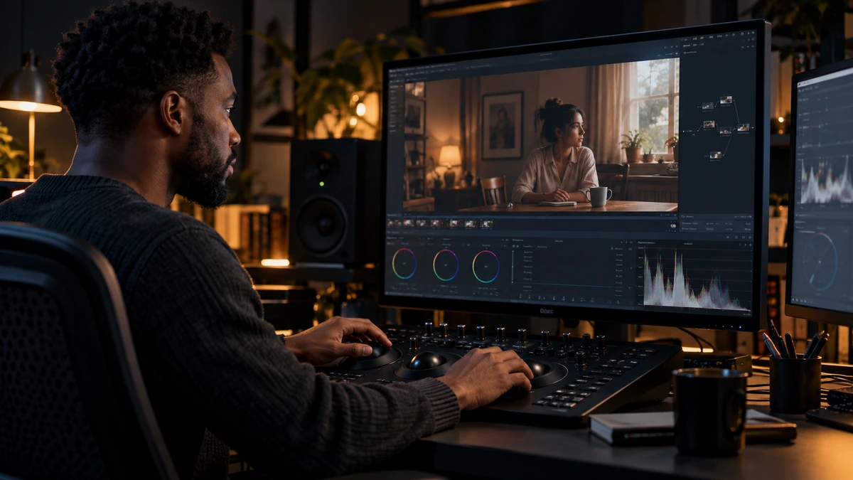 Un étalonneur observe un plan de personnage et des outils de couleur sur deux écrans.