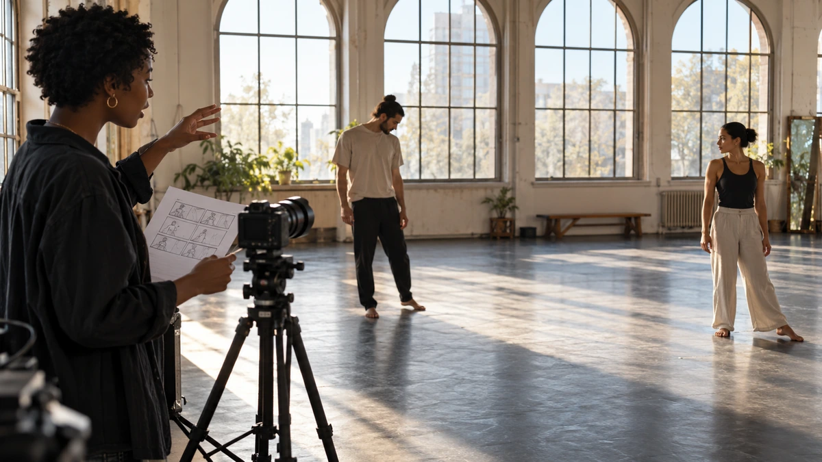 Une cadreuse observe deux personnes dans un grand studio lumineux.