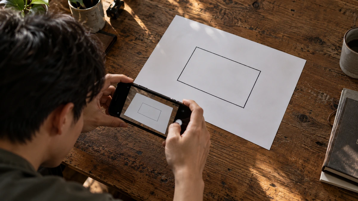 Une personne photographie avec un téléphone un rectangle dessiné sur une feuille.