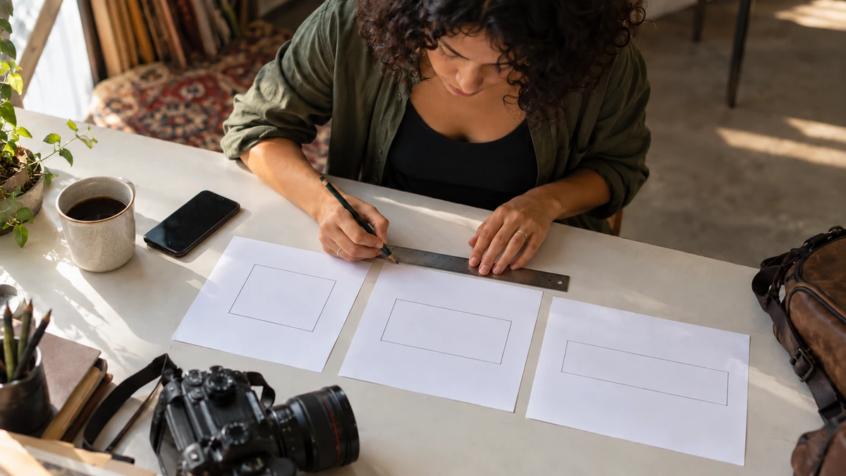 Une personne dessine plusieurs rectangles de cadrage sur des feuilles.