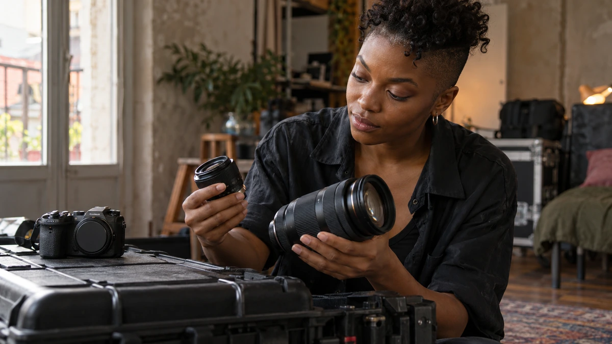 Une photographe examine un objectif et les commandes de son appareil.