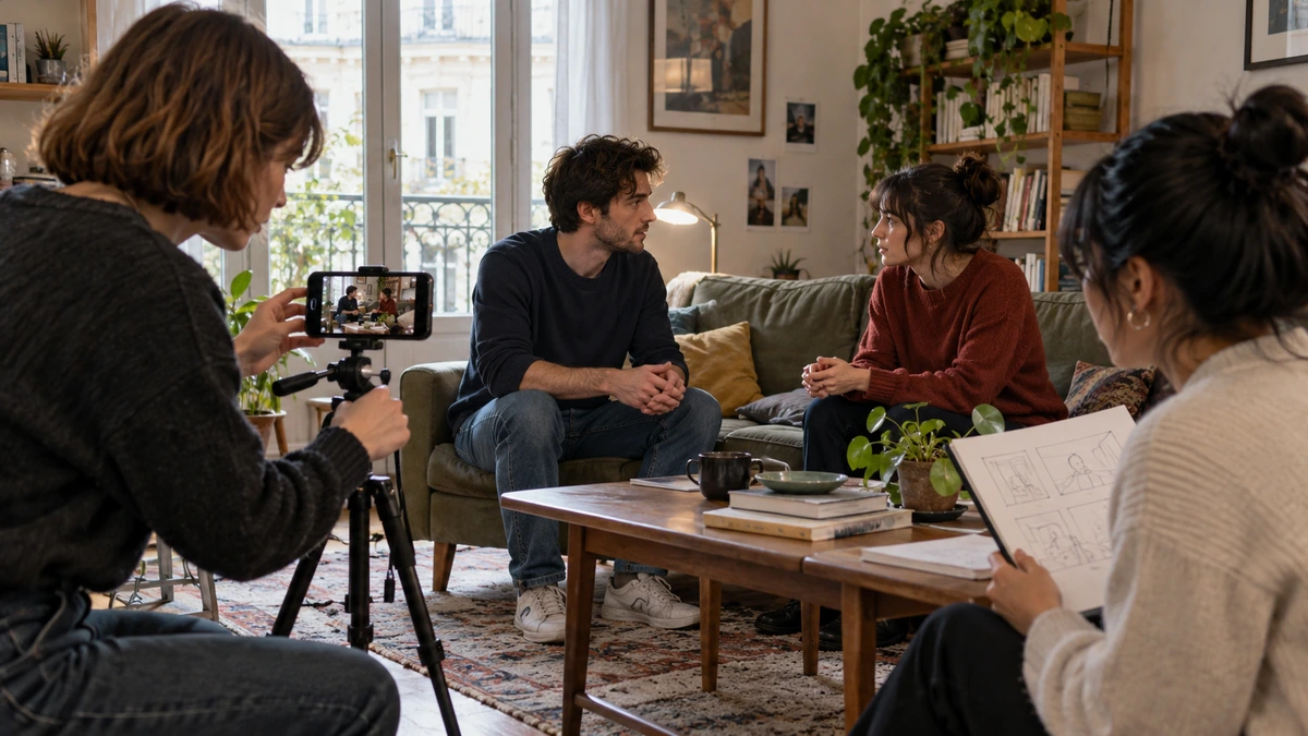 Une équipe filme un échange entre deux interprètes dans un salon.